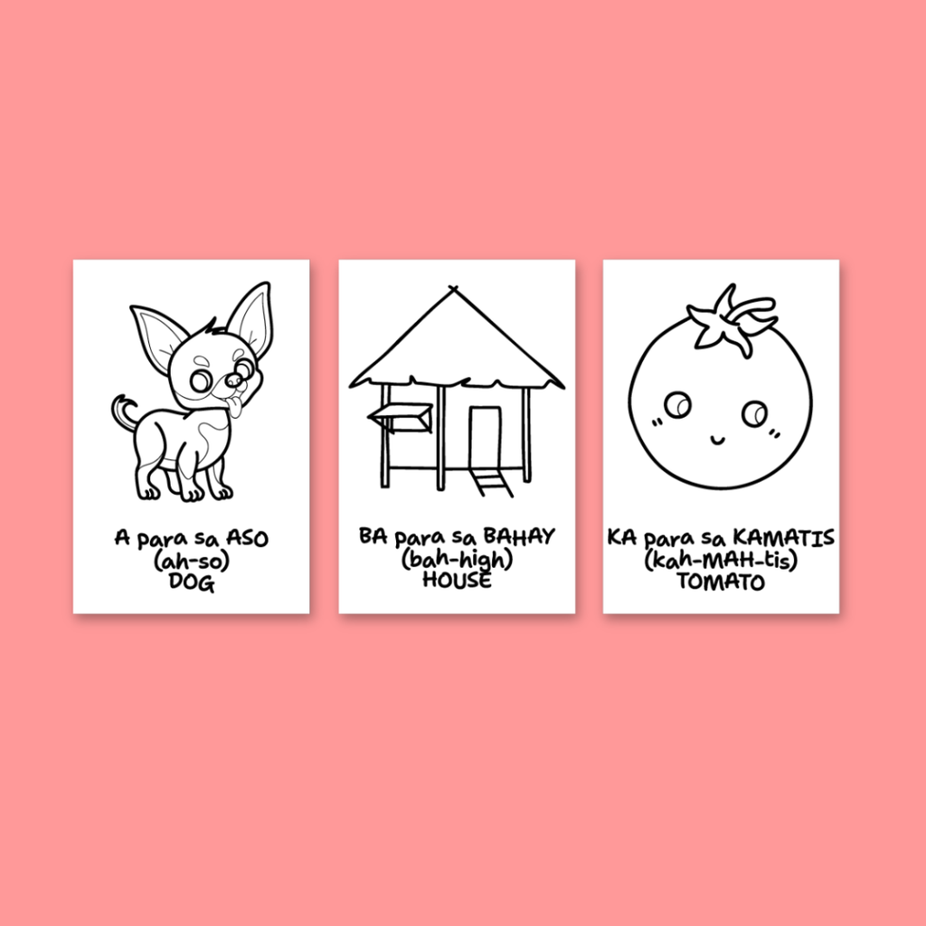 Three black and white illustrations of a dog, house, and tomato with captions on a pink background.